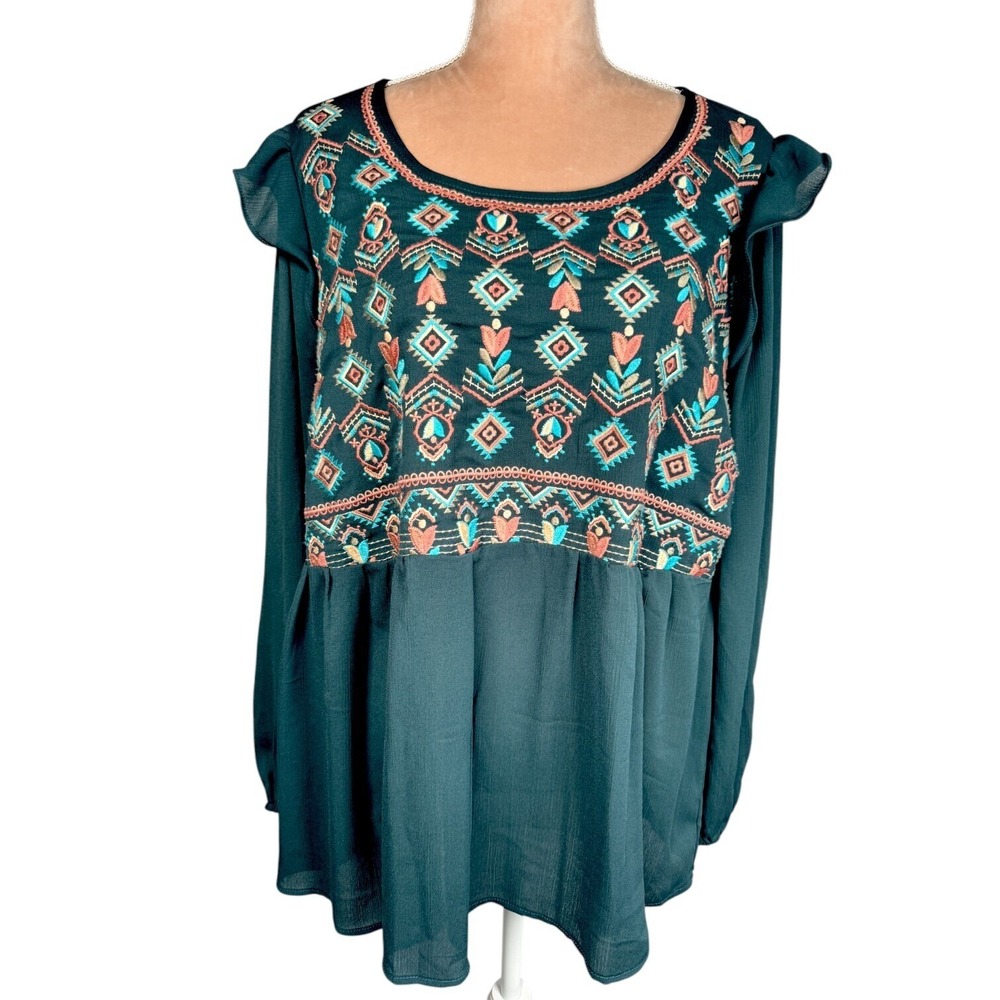 Savannah Jane 1X Top Green Pink Embroidered Aztec‎ Boho Office Feminine